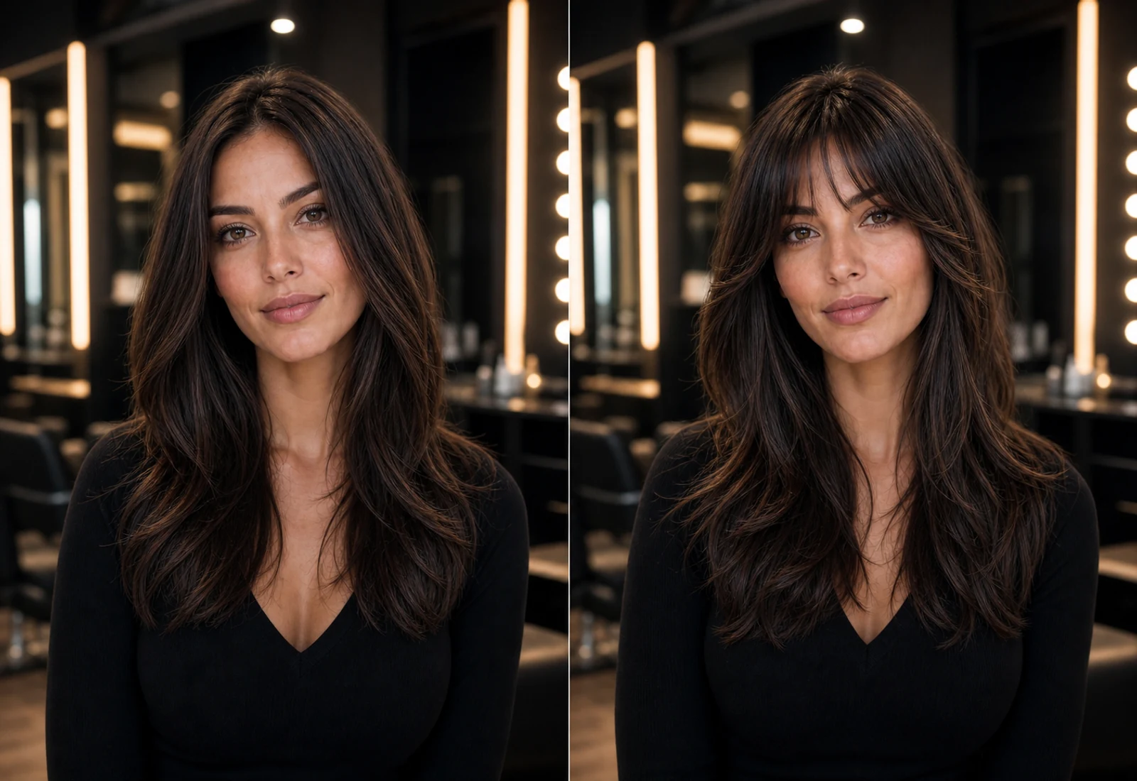 Aligned before and after bangs filter preview with the same face
