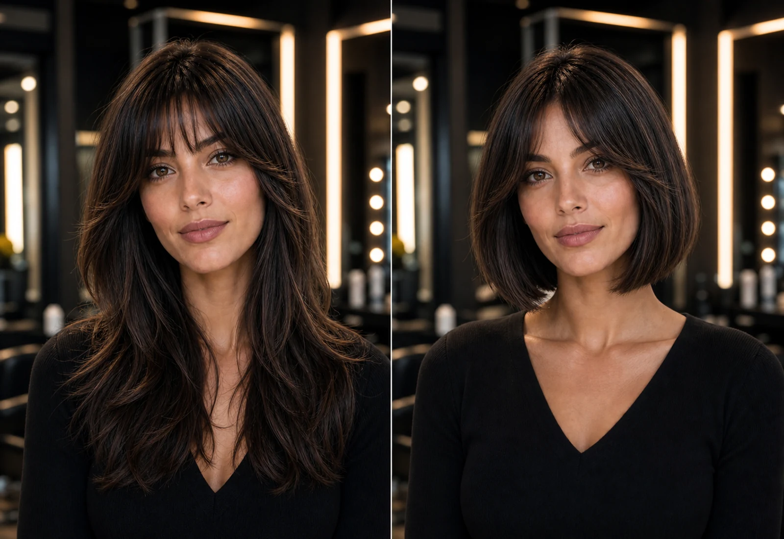 Aligned before and after bob haircut filter preview with the same face