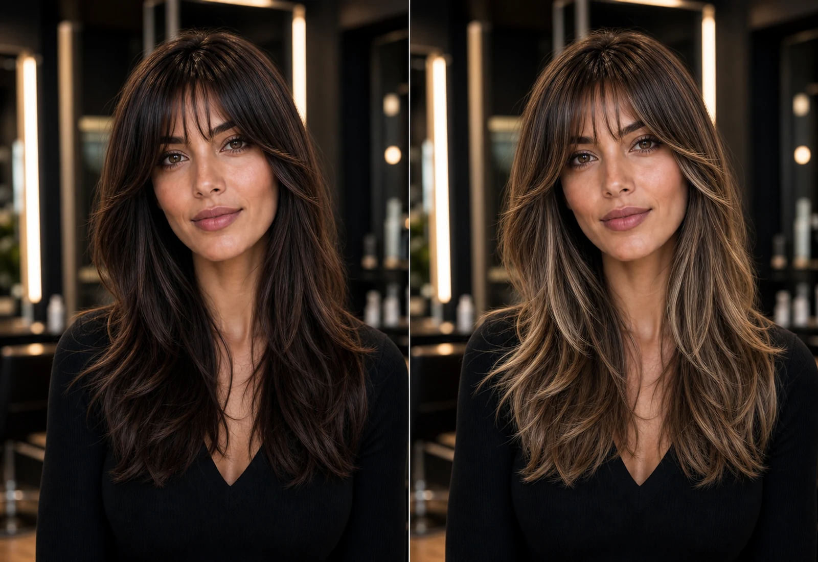 Aligned before and after hair color try on preview with the same face