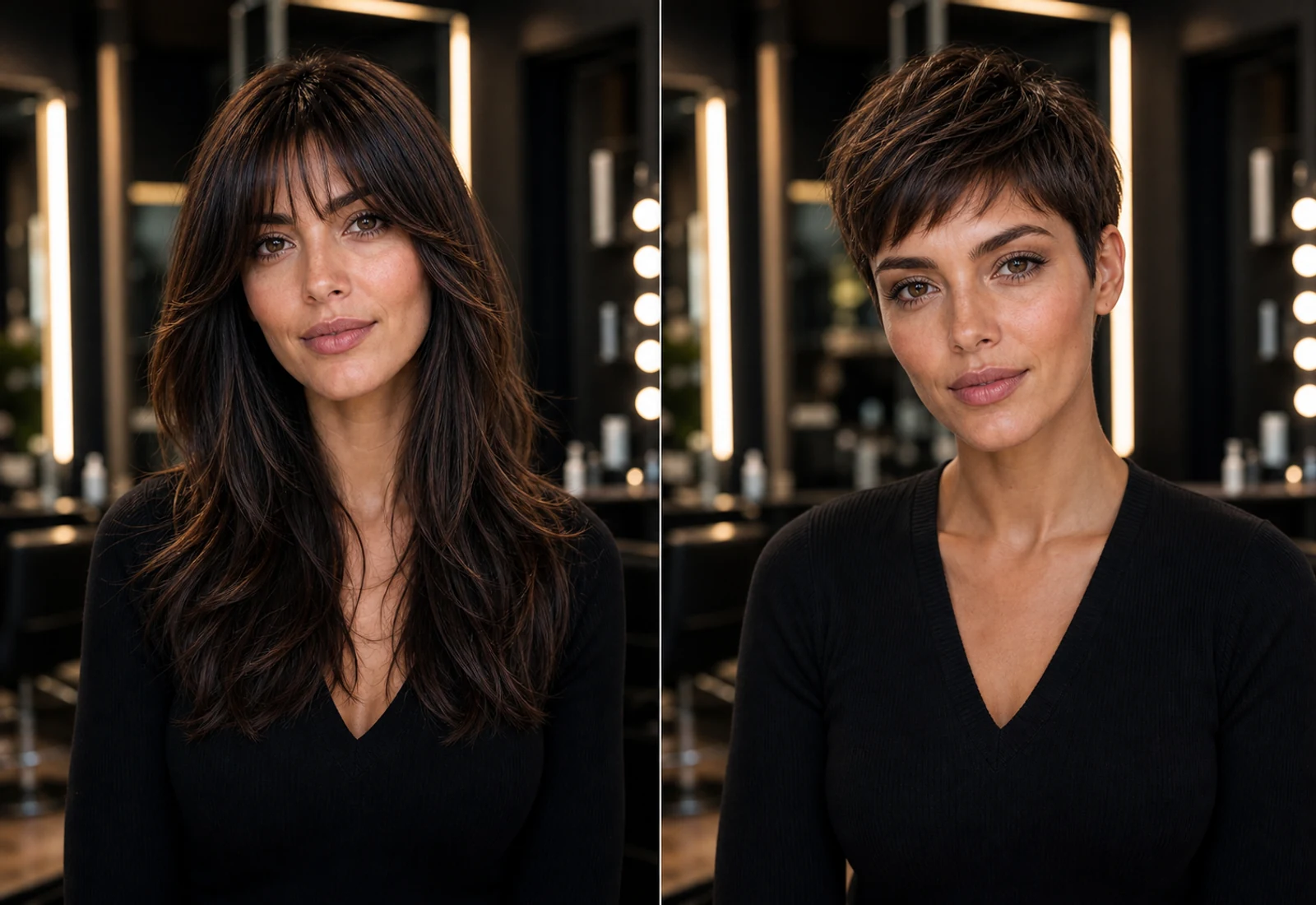 Aligned before and after short hair filter preview with the same face